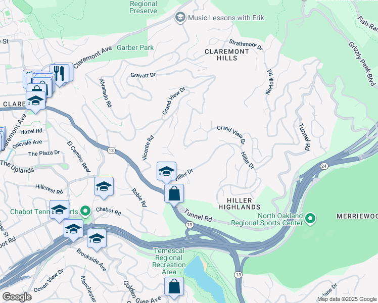 map of restaurants, bars, coffee shops, grocery stores, and more near 1522 Grand View Drive in Berkeley