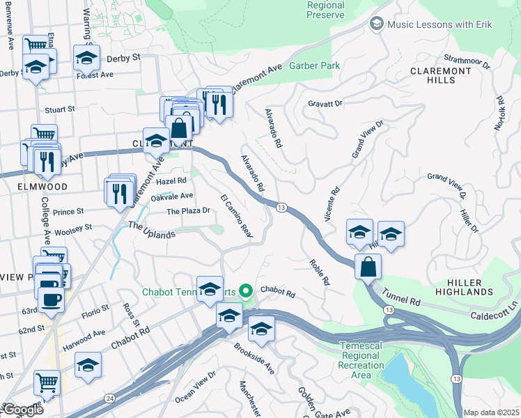 map of restaurants, bars, coffee shops, grocery stores, and more near 305 The Uplands in Berkeley