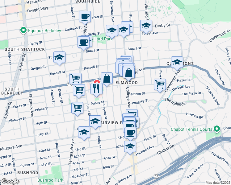 map of restaurants, bars, coffee shops, grocery stores, and more near 3011 Hillegass Avenue in Berkeley