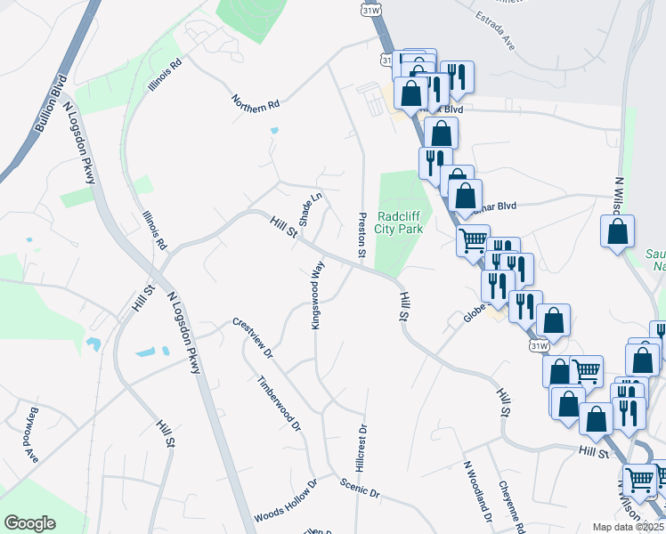 map of restaurants, bars, coffee shops, grocery stores, and more near 1401 Hill Street in Radcliff