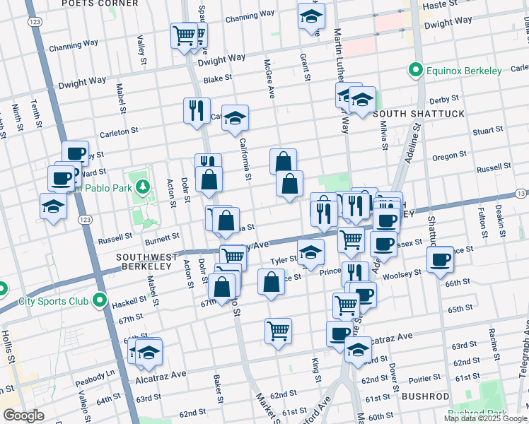 map of restaurants, bars, coffee shops, grocery stores, and more near 1603 Russell Street in Berkeley