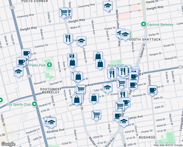 map of restaurants, bars, coffee shops, grocery stores, and more near 1614 Russell Street in Berkeley