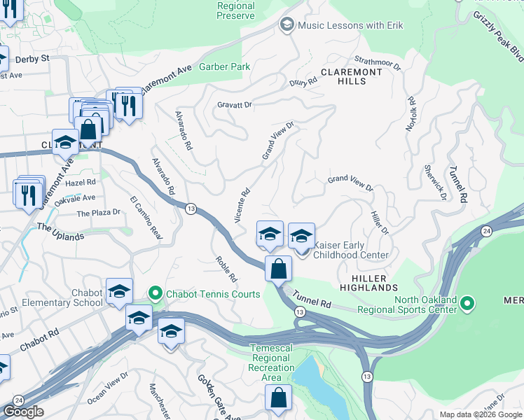 map of restaurants, bars, coffee shops, grocery stores, and more near 1490 Westview Drive in Berkeley