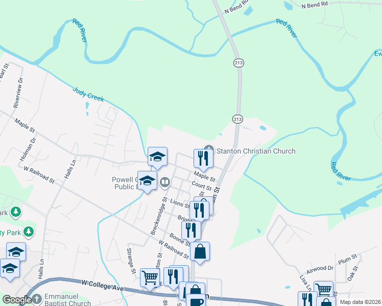 map of restaurants, bars, coffee shops, grocery stores, and more near 168 West Church Street in Stanton
