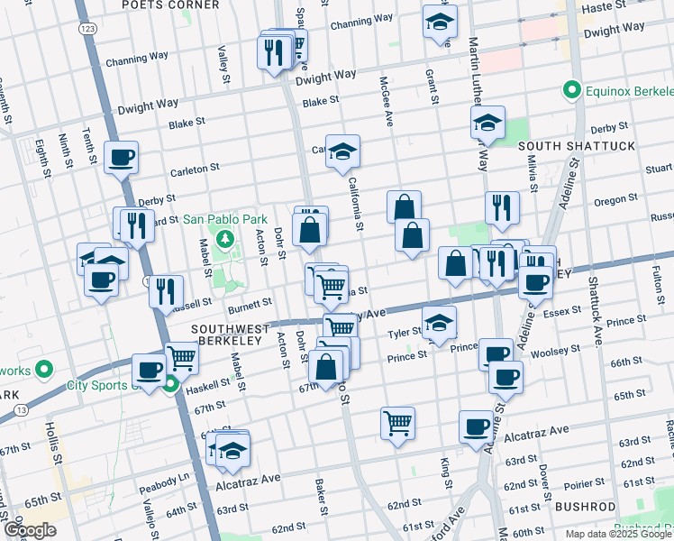 map of restaurants, bars, coffee shops, grocery stores, and more near 1525 Russell Street in Berkeley