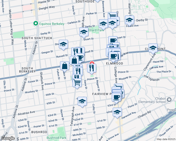 map of restaurants, bars, coffee shops, grocery stores, and more near 2450 Ashby Avenue in Berkeley