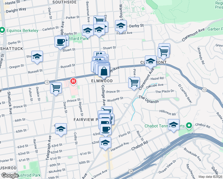 map of restaurants, bars, coffee shops, grocery stores, and more near 2728 Webster Street in Berkeley
