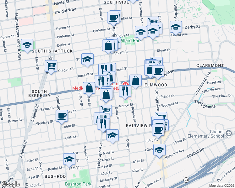 map of restaurants, bars, coffee shops, grocery stores, and more near 2415 Webster Street in Berkeley