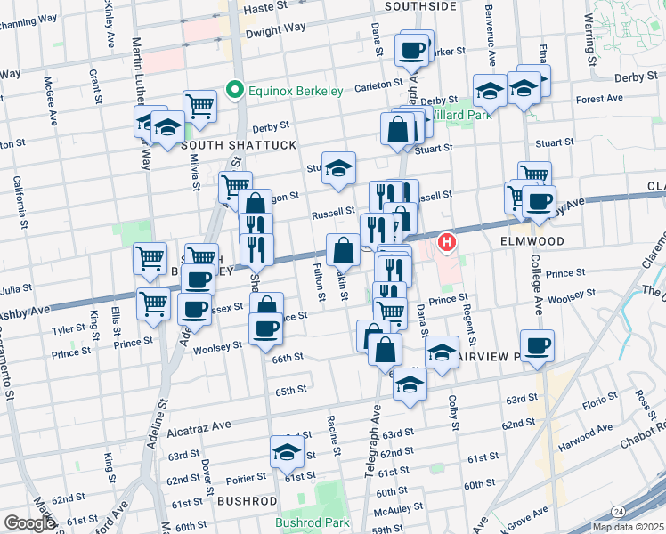 map of restaurants, bars, coffee shops, grocery stores, and more near 3009 Deakin Street in Berkeley