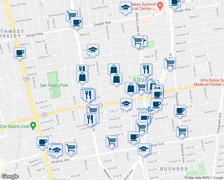map of restaurants, bars, coffee shops, grocery stores, and more near 1638 Russell Street in Berkeley