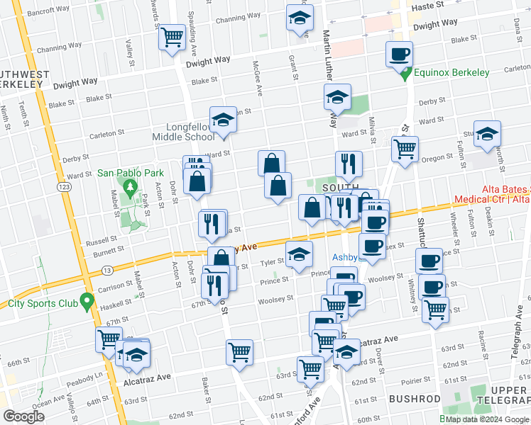 map of restaurants, bars, coffee shops, grocery stores, and more near 1638 Russell Street in Berkeley