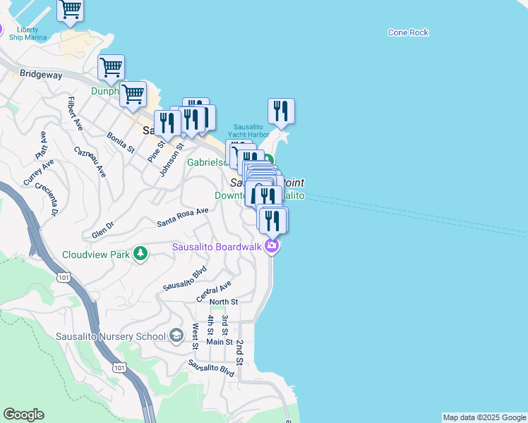 map of restaurants, bars, coffee shops, grocery stores, and more near 690 Bridgeway in Sausalito