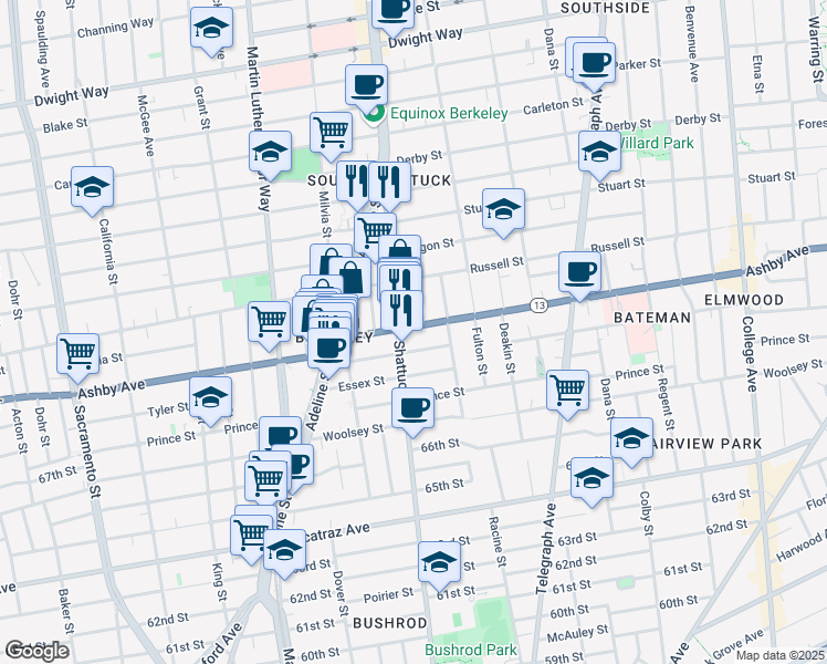 map of restaurants, bars, coffee shops, grocery stores, and more near 2110 Ashby Avenue in Berkeley