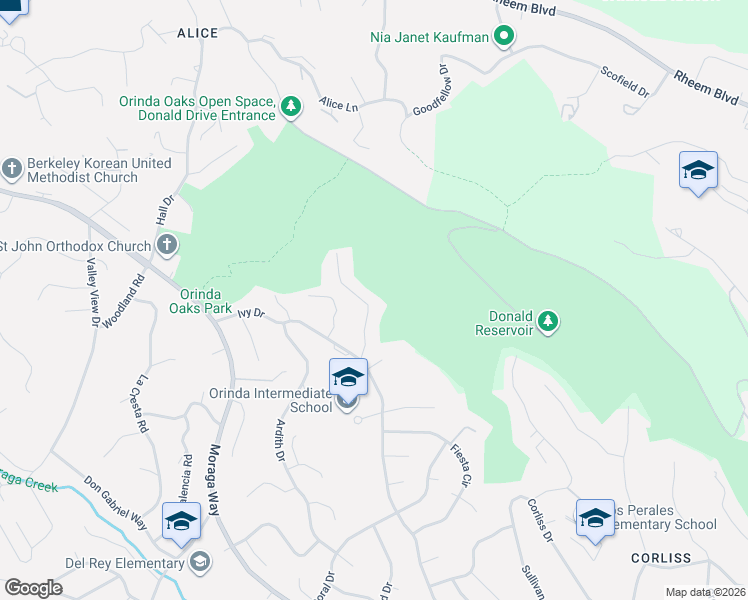 map of restaurants, bars, coffee shops, grocery stores, and more near 18 Descanso Drive in Orinda