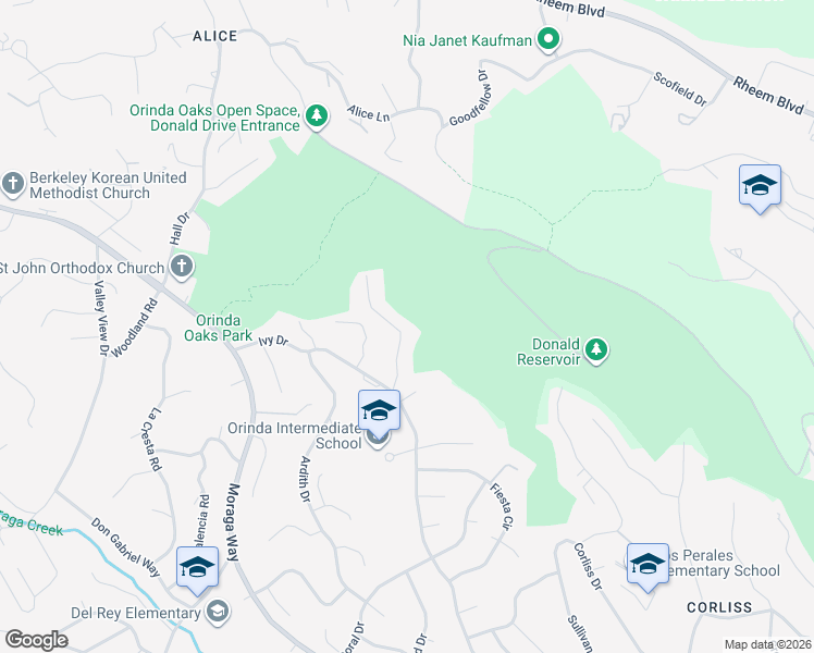 map of restaurants, bars, coffee shops, grocery stores, and more near 18 Descanso Drive in Orinda