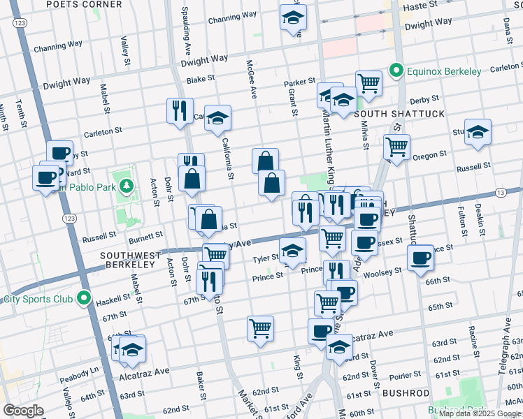 map of restaurants, bars, coffee shops, grocery stores, and more near 1632 Russell Street in Berkeley