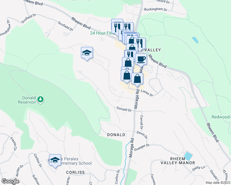 map of restaurants, bars, coffee shops, grocery stores, and more near in Moraga