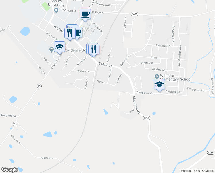 map of restaurants, bars, coffee shops, grocery stores, and more near 120 High Street in Wilmore