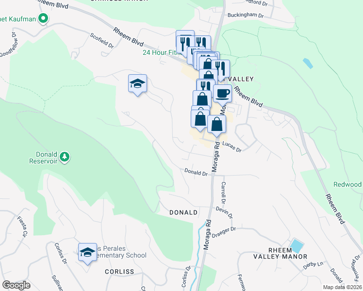 map of restaurants, bars, coffee shops, grocery stores, and more near 2067 Ascot Drive in Moraga