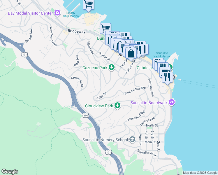 map of restaurants, bars, coffee shops, grocery stores, and more near 63 Cazneau Avenue in Sausalito