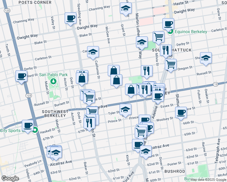 map of restaurants, bars, coffee shops, grocery stores, and more near 1638 Russell Street in Berkeley
