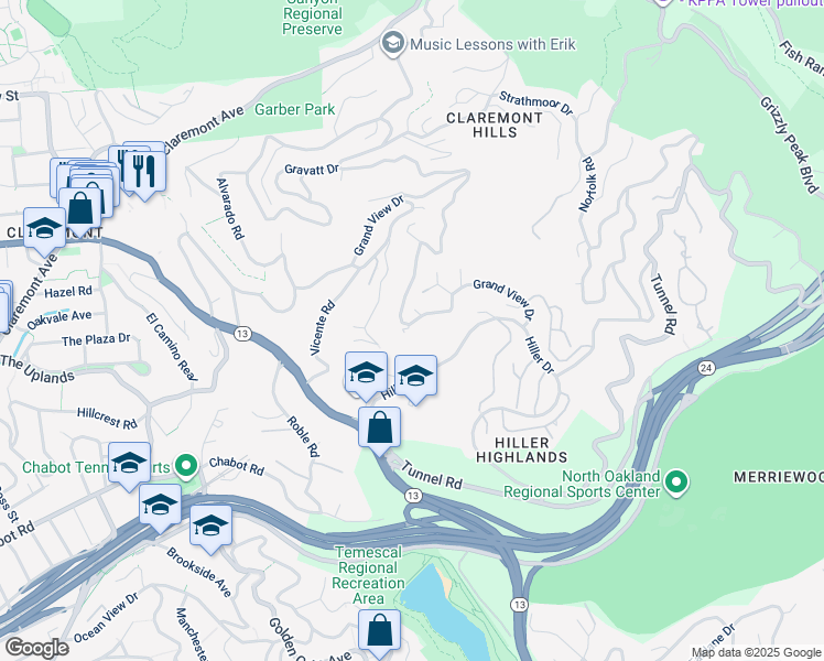 map of restaurants, bars, coffee shops, grocery stores, and more near 1522 Grand View Drive in Berkeley
