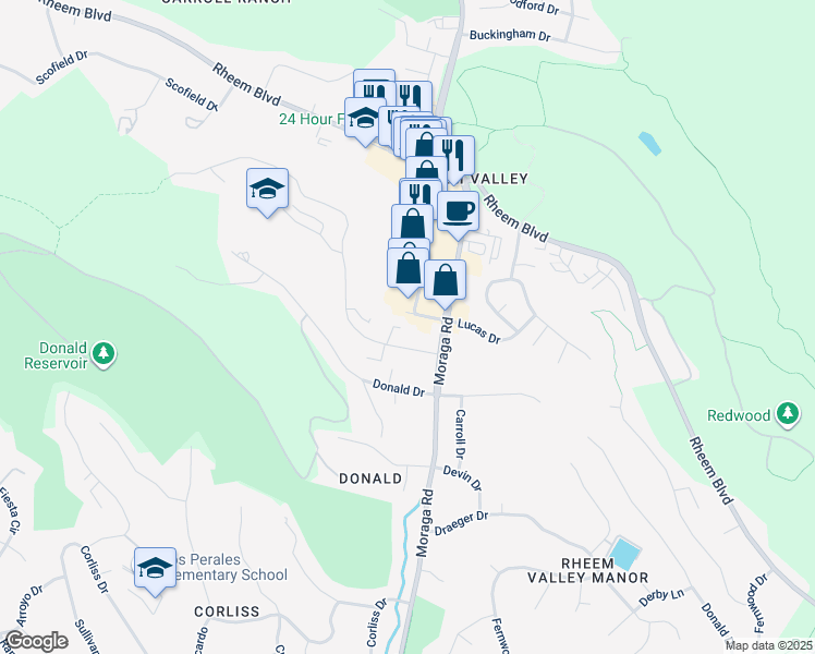 map of restaurants, bars, coffee shops, grocery stores, and more near 2129 Ascot Drive in Moraga