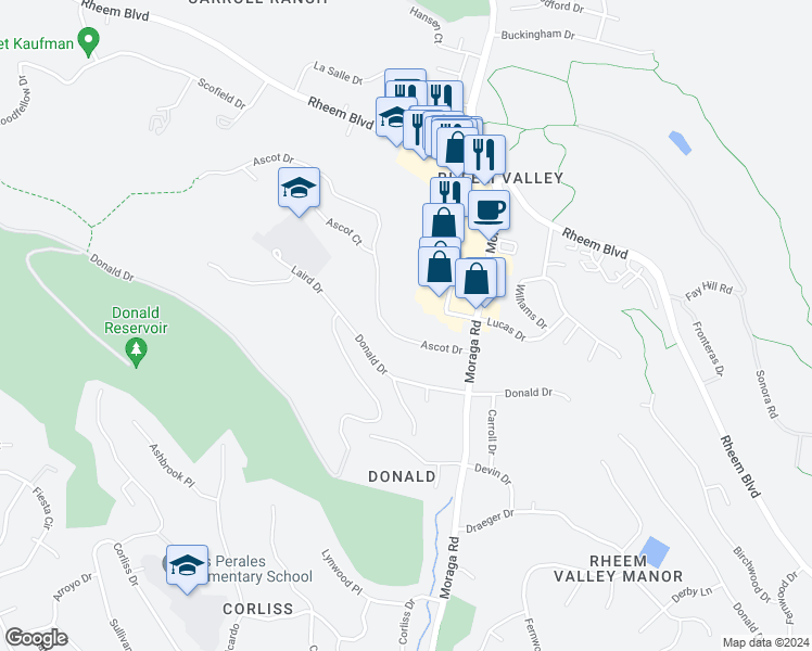 map of restaurants, bars, coffee shops, grocery stores, and more near 2129 Ascot Drive in Moraga
