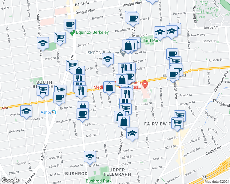 map of restaurants, bars, coffee shops, grocery stores, and more near 3009 Deakin Street in Berkeley