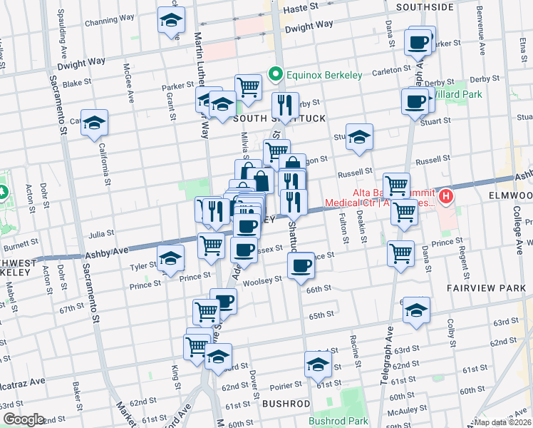 map of restaurants, bars, coffee shops, grocery stores, and more near 2041 Ashby Avenue in Berkeley
