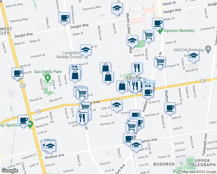 map of restaurants, bars, coffee shops, grocery stores, and more near 1638 Russell Street in Berkeley