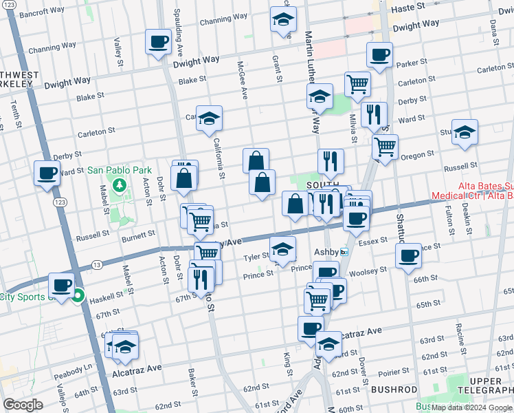 map of restaurants, bars, coffee shops, grocery stores, and more near 1638 Russell Street in Berkeley