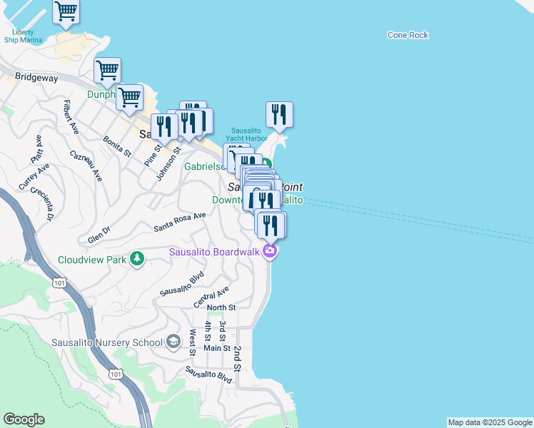 map of restaurants, bars, coffee shops, grocery stores, and more near 690 Bridgeway in Sausalito