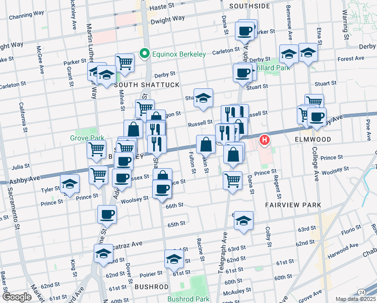 map of restaurants, bars, coffee shops, grocery stores, and more near 2180 Ashby Avenue in Berkeley