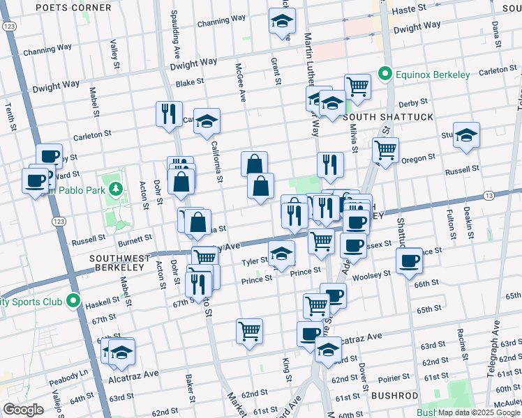 map of restaurants, bars, coffee shops, grocery stores, and more near 1638 Russell Street in Berkeley