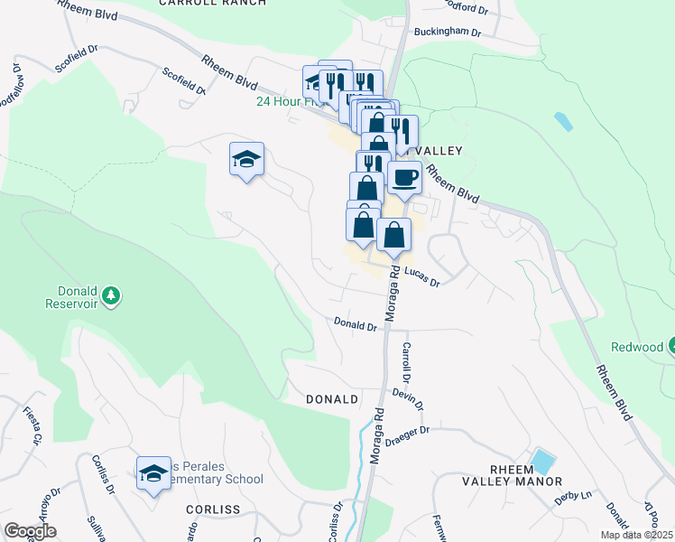 map of restaurants, bars, coffee shops, grocery stores, and more near 2083 Ascot Drive in Moraga