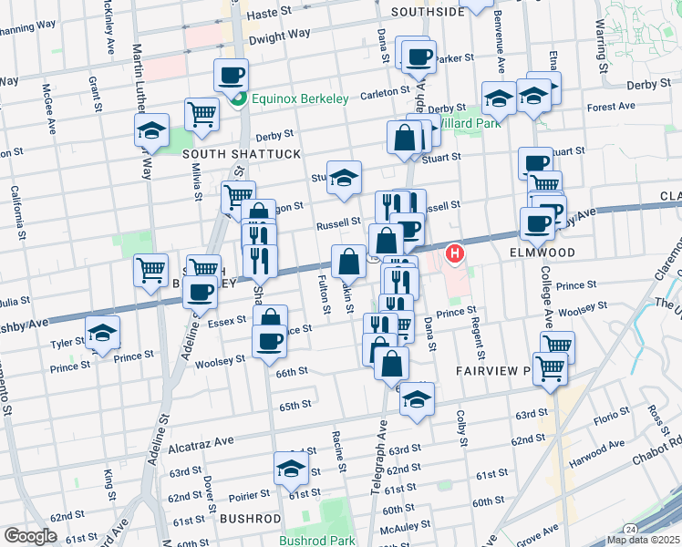 map of restaurants, bars, coffee shops, grocery stores, and more near 3009 Deakin Street in Berkeley