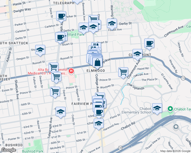 map of restaurants, bars, coffee shops, grocery stores, and more near 3012 College Avenue in Berkeley