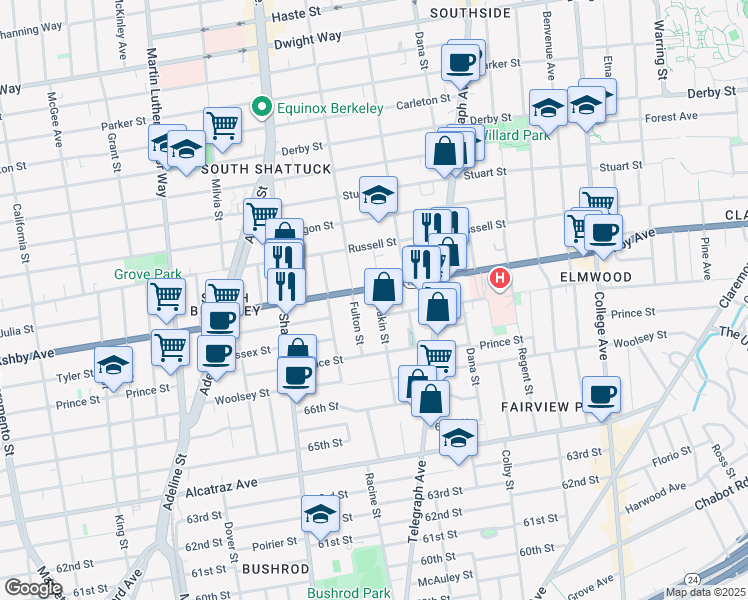 map of restaurants, bars, coffee shops, grocery stores, and more near 3009 Deakin Street in Berkeley