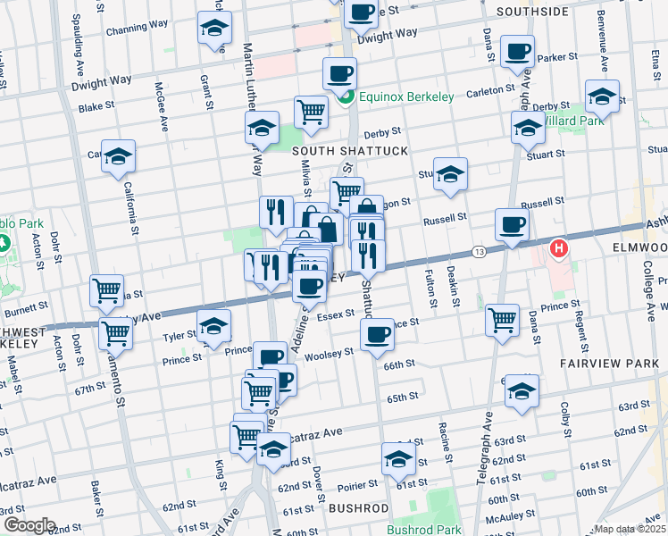 map of restaurants, bars, coffee shops, grocery stores, and more near 2041 Ashby Avenue in Berkeley