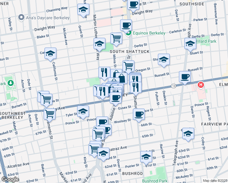 map of restaurants, bars, coffee shops, grocery stores, and more near 2930 Adeline Street in Berkeley