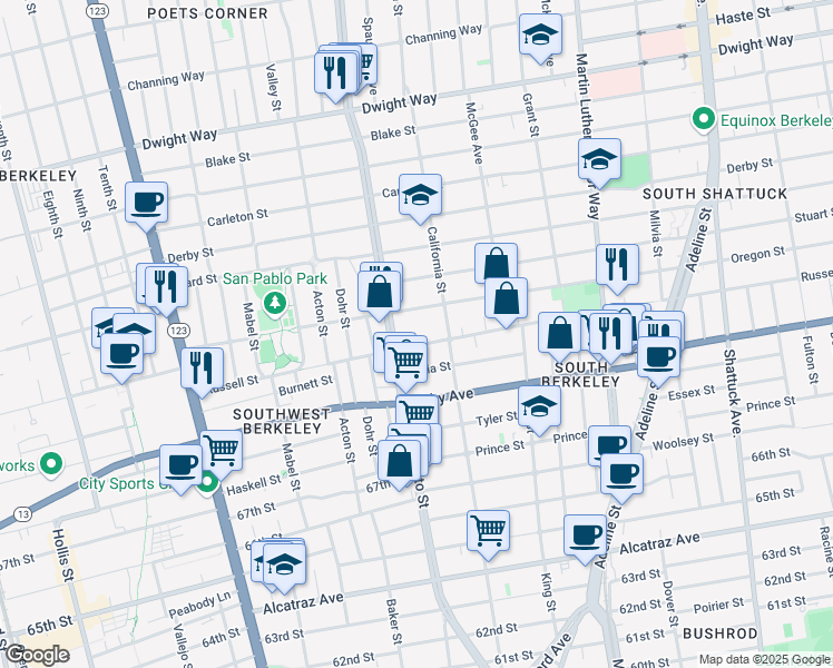 map of restaurants, bars, coffee shops, grocery stores, and more near 1525 Russell Street in Berkeley