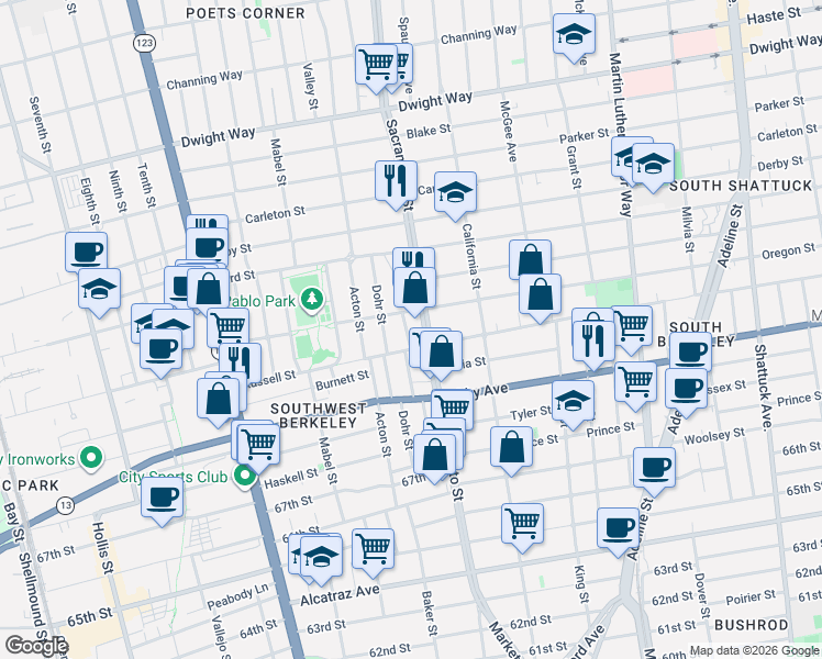map of restaurants, bars, coffee shops, grocery stores, and more near 2815 Stanton Street in Berkeley