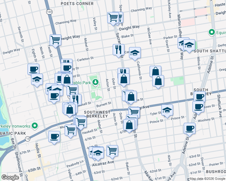 map of restaurants, bars, coffee shops, grocery stores, and more near 2804 Dohr Street in Berkeley