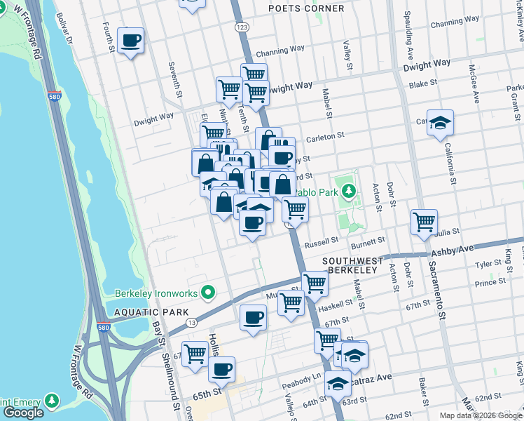 map of restaurants, bars, coffee shops, grocery stores, and more near 2807 Tenth Street in Berkeley