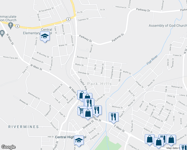 map of restaurants, bars, coffee shops, grocery stores, and more near 501 Jay Street in Park Hills