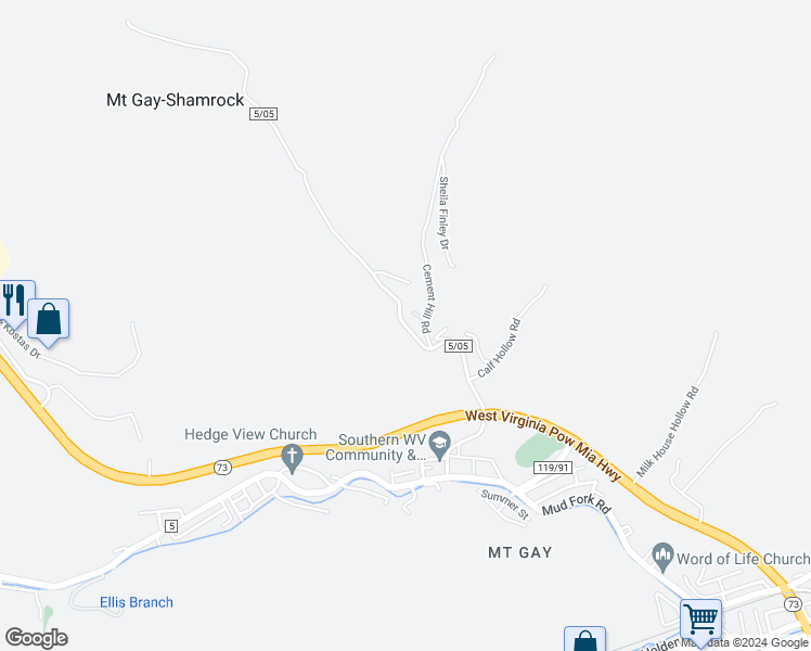 map of restaurants, bars, coffee shops, grocery stores, and more near 432 Lower Dempsey Branch Road in Logan