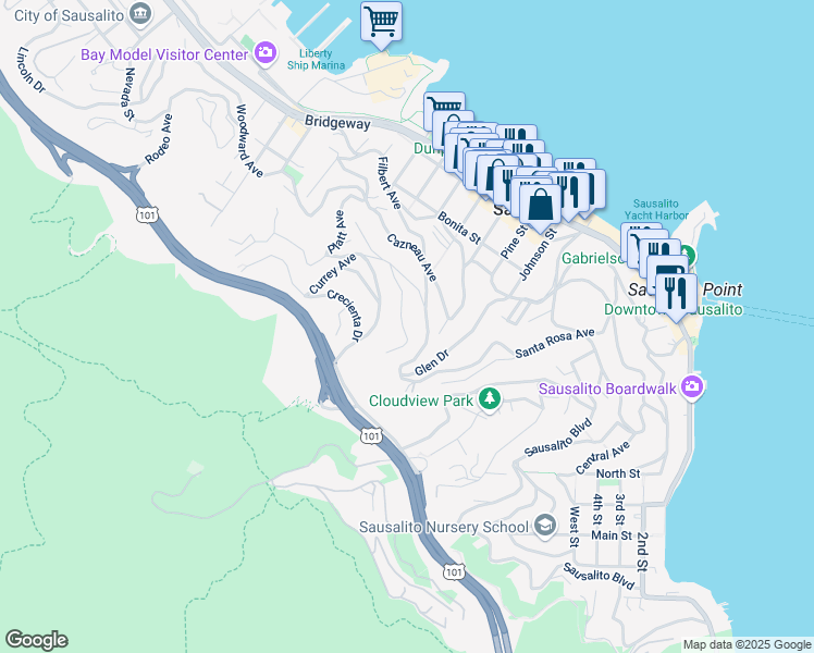 map of restaurants, bars, coffee shops, grocery stores, and more near 61 George Lane in Sausalito
