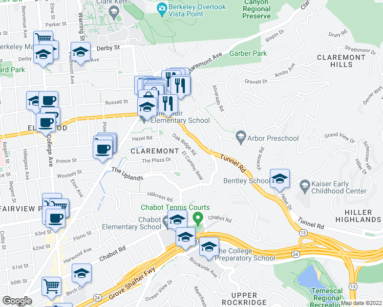 map of restaurants, bars, coffee shops, grocery stores, and more near 76 Oak Ridge Road in Berkeley