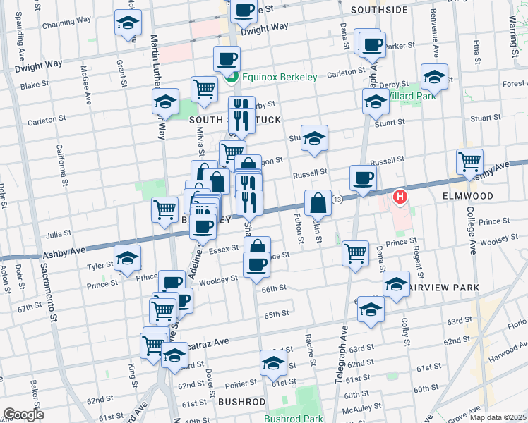 map of restaurants, bars, coffee shops, grocery stores, and more near Ashby Avenue & Lorina Street in Berkeley